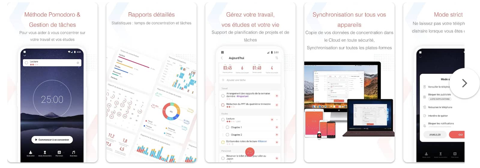 Aperçu des visuels de l'application Pomodoro